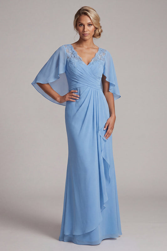 Sky Blue Mermaid Long V-Neck Mother of the Bride Dress with Ruffles