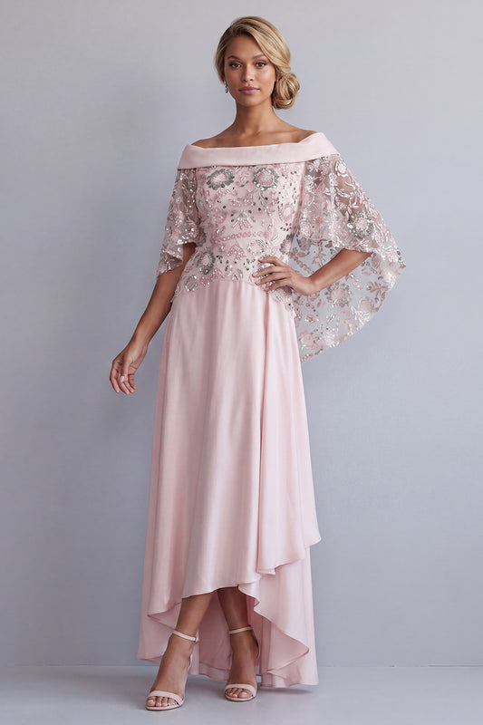 Sparkly Light Pink Long Floral A Line Beaded Mother of the Bride Dress with Cape