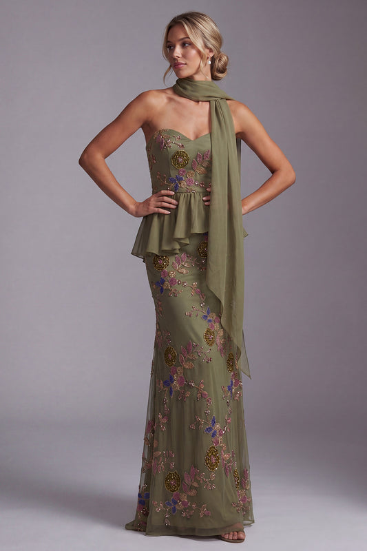 Olive Long Floral Mermaid Strapless Beaded Mother of the Bride Dress with Ruffles