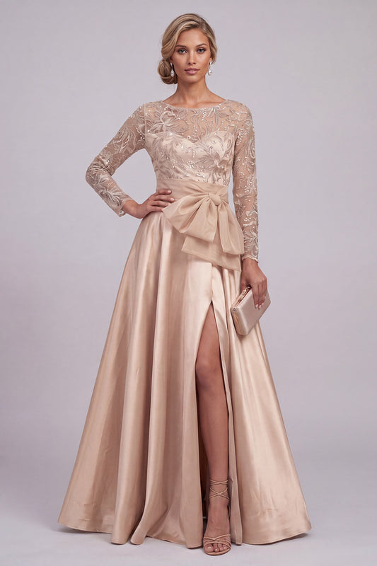 Long Floral Beaded A Line Sparkly Champagne Mother of the Bride Dress with Slit