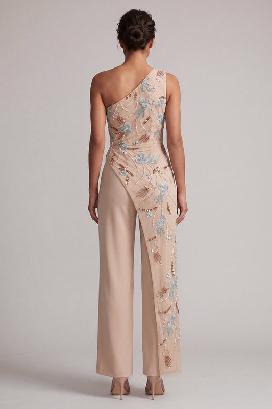 Champagne One Shoulder Beaded Mother of the Bride Jumpsuits