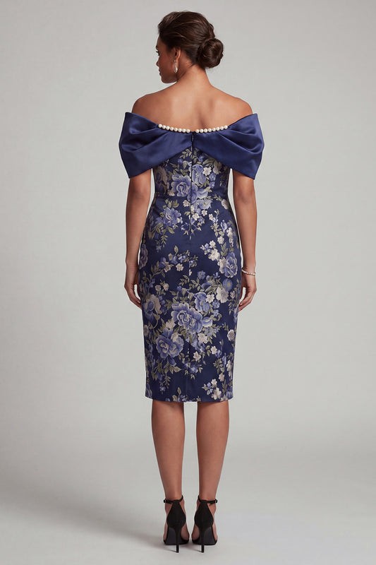 Navy Floral Bodycon Midi Mother of the Bride Dress with Pearls
