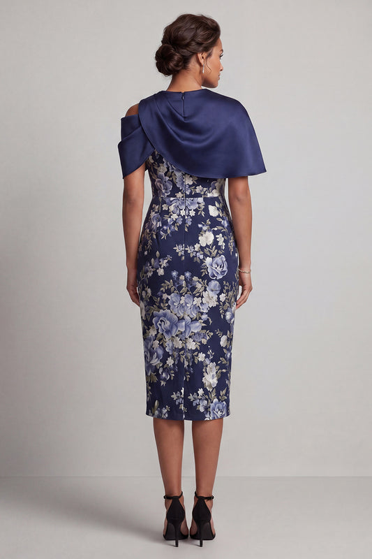 Floral Navy Bodycon Midi Mother of the Bride Dress with Cape