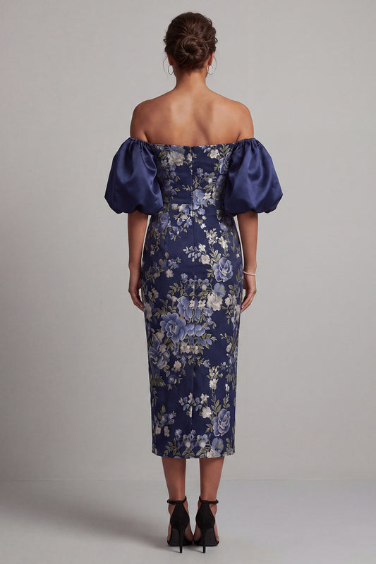 Sheath Floral Navy Long Puff Sleeves Mother of the Bride Dress