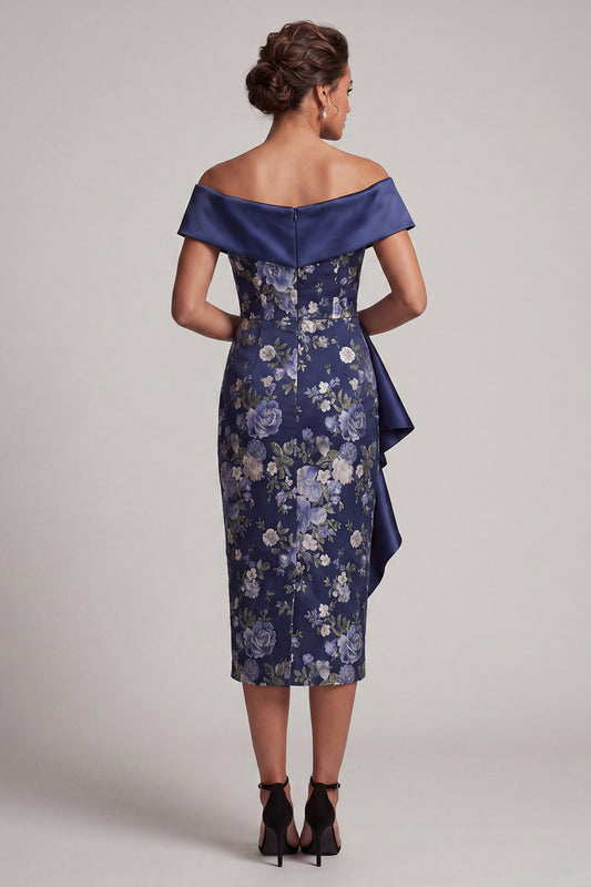 Off the Shoulder Sheath Ruffled Floral Navy Long Mother of the Bride Dress