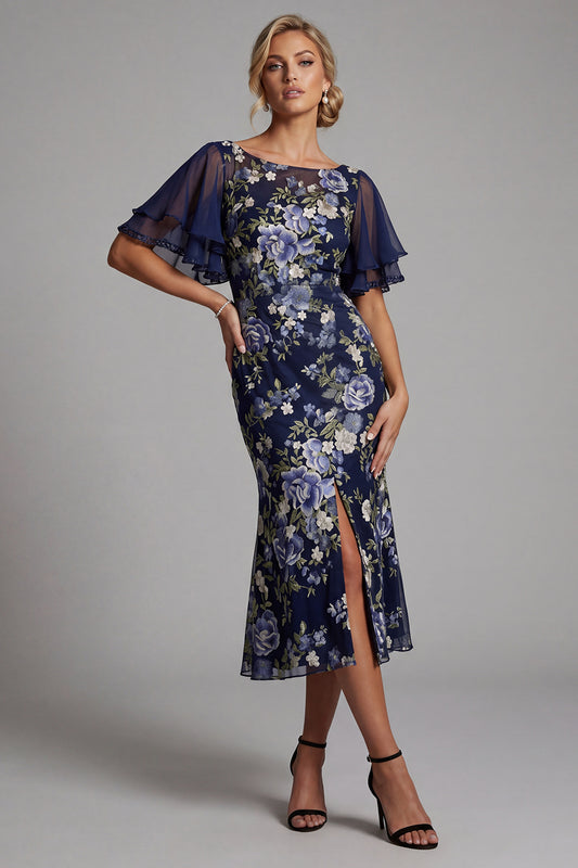 Boat Neck Mermaid Floral Navy Long Mother of the Bride Dress with Sleeves