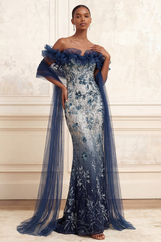 Mermaid Sparkly Navy Floral Long Off the Shoulder Beaded Prom Dress with Ruffles