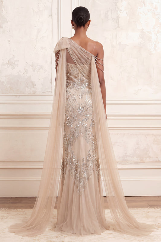 One Shoulder Sparkly Apricot Mermaid Long Beaded Prom Dress with Cape