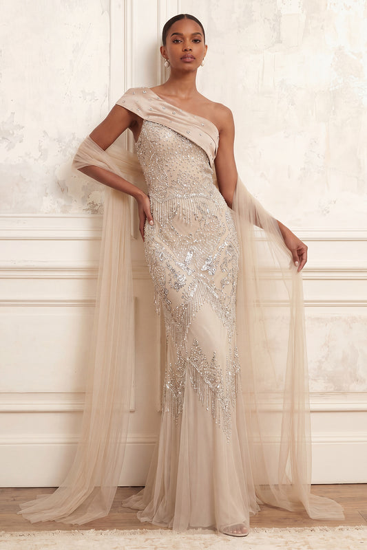 Sparkly Apricot Mermaid Long Beaded One Shoulder Prom Dress with Rhinestones