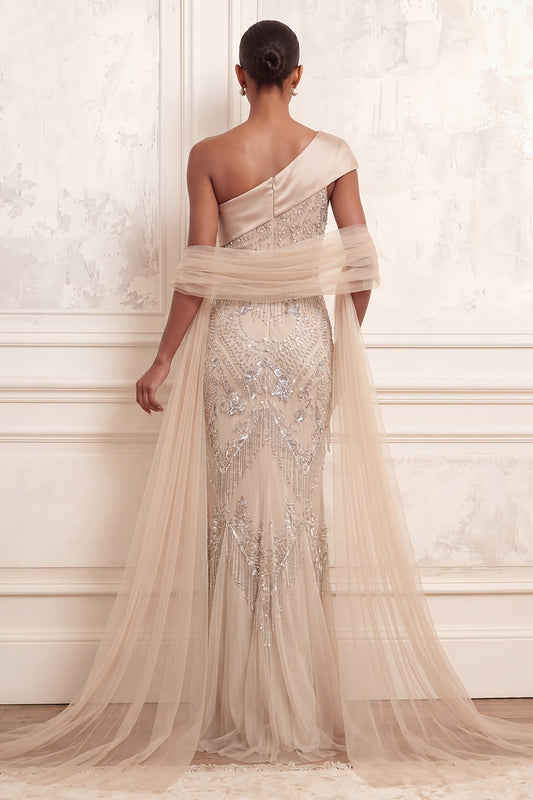 Sparkly Apricot Mermaid Long Beaded One Shoulder Prom Dress with Rhinestones