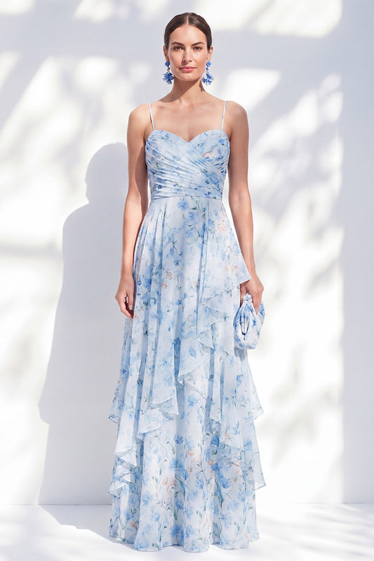 Blue Floral A Line Long Spaghetti Straps Mother of the Bride Dress with Ruffles
