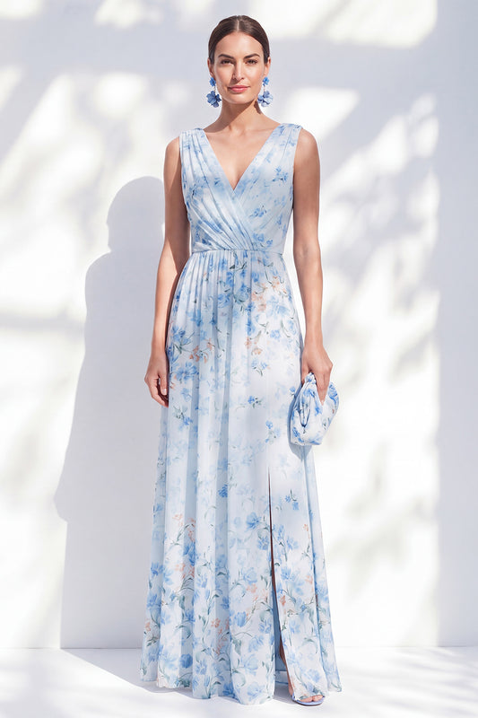 Blue Long Floral Mother of the Bride Dress with Slit A Line V-Neck Chiffon Beach Wedding Guest Dress