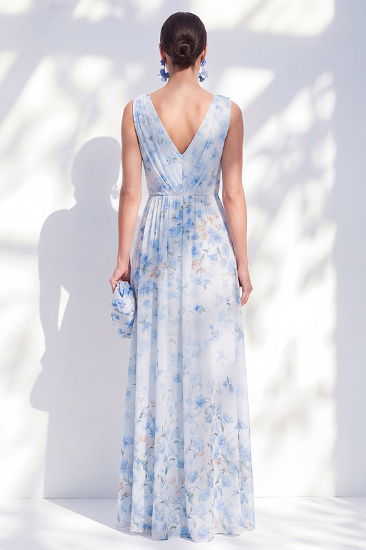 Blue Floral A Line Long V-Neck Mother of the Bride Dress with Slit
