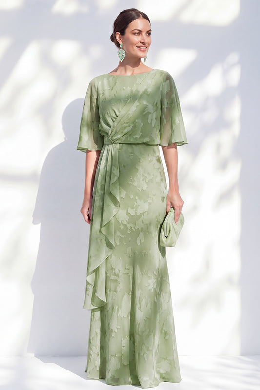 Sage Green Sheath Bateau Neck Long Floral Mother of the Bride Dress