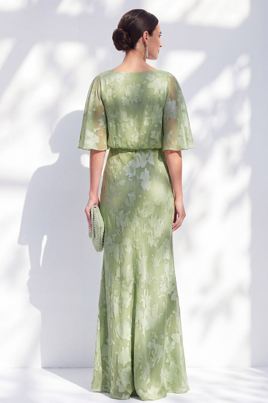 Sage Green Sheath Bateau Neck Long Floral Mother of the Bride Dress