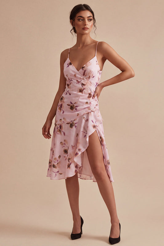 Floral Spaghetti Straps A Line Pink Short Homecoming Dress with Ruffles