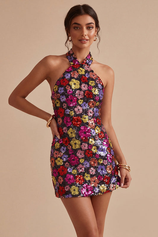 Floral Sparkly Black Tight Short Sequin Halter Backless Homecoming Dress