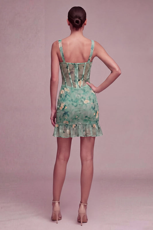 Light Green Floral Short Corset Tight Homecoming Dress with Ruffles