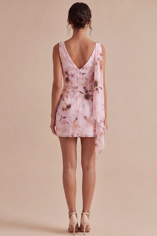 Floral Cowl Neck Pink Tight Short Ruched Homecoming Dress with Sash