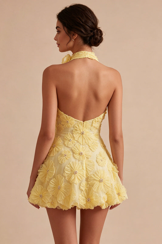 Floral Halter A Line Daffodil Short Backless Homecoming Dress with Beading