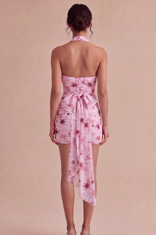 Floral Halter Pink Tight Short Ruched Homecoming Dress with Bow