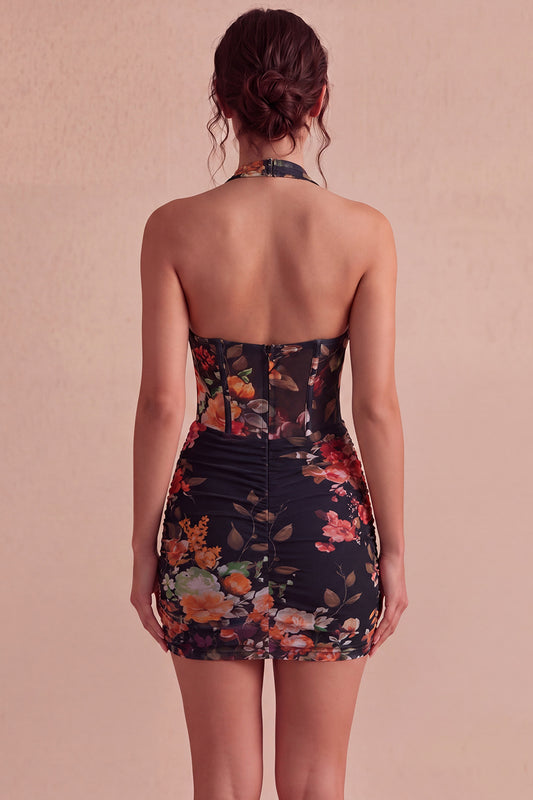 Floral Black Tight Short Corset Ruched Halter Backless Homecoming Dress
