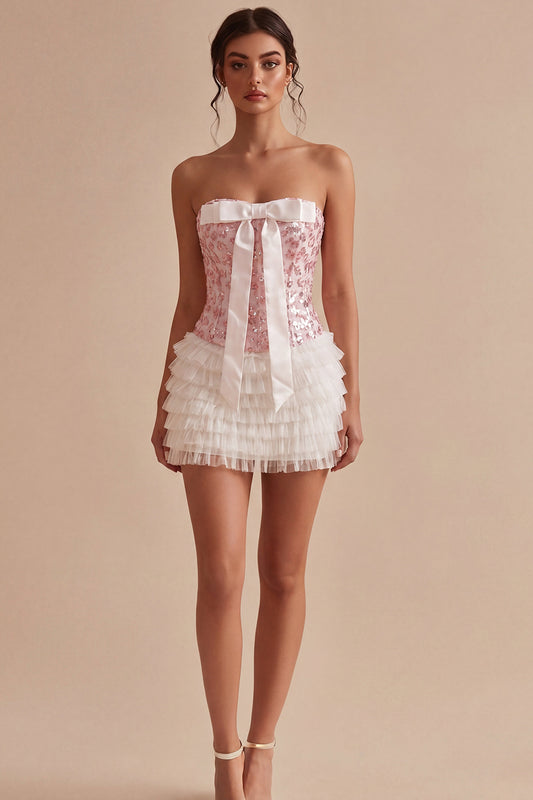 White and Pink Strapless Corset Ruffled Short Homecoming Dress with Bow