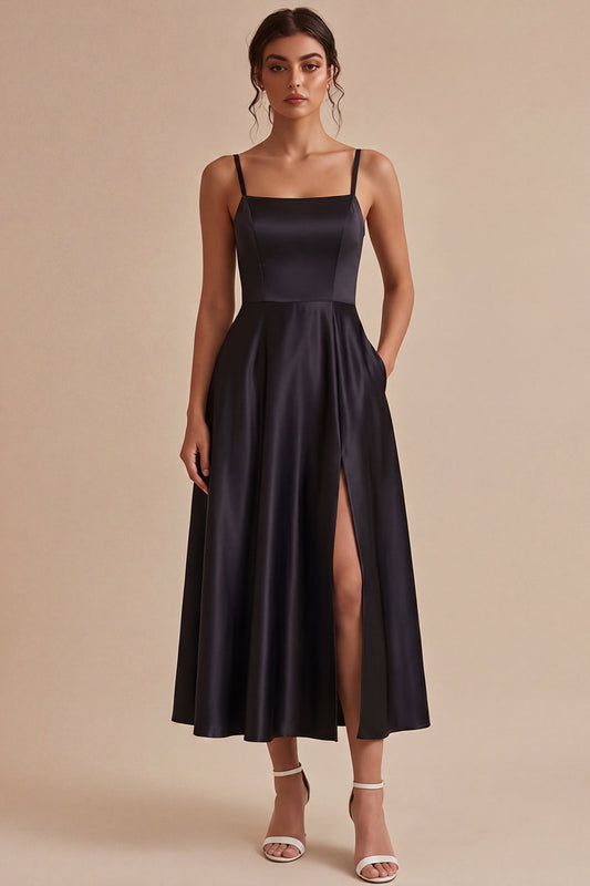 A Line Spaghetti Straps Maxi Black Tie Dress with Pockets