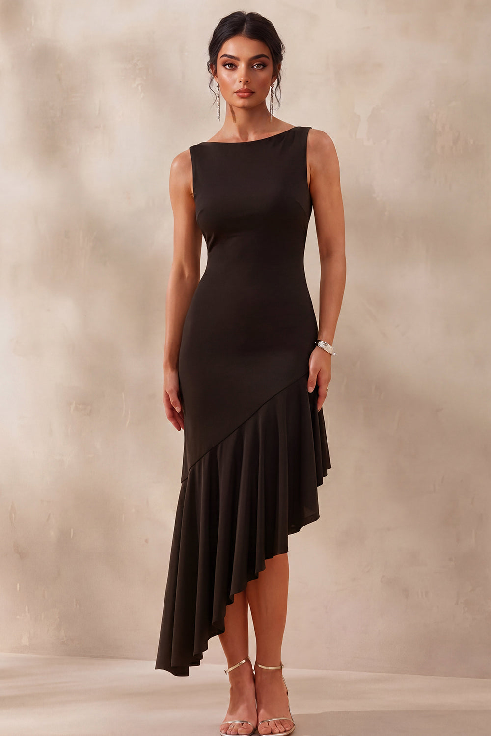 Zapakasa Women Asymmetrical Black Tie Dress with Ruffles Boat Neck Mermaid Satin Formal Dress Zapakasa Women Asymmetrical Black Tie Dress with Ruffles Boat Neck Mermaid Satin Formal Dress