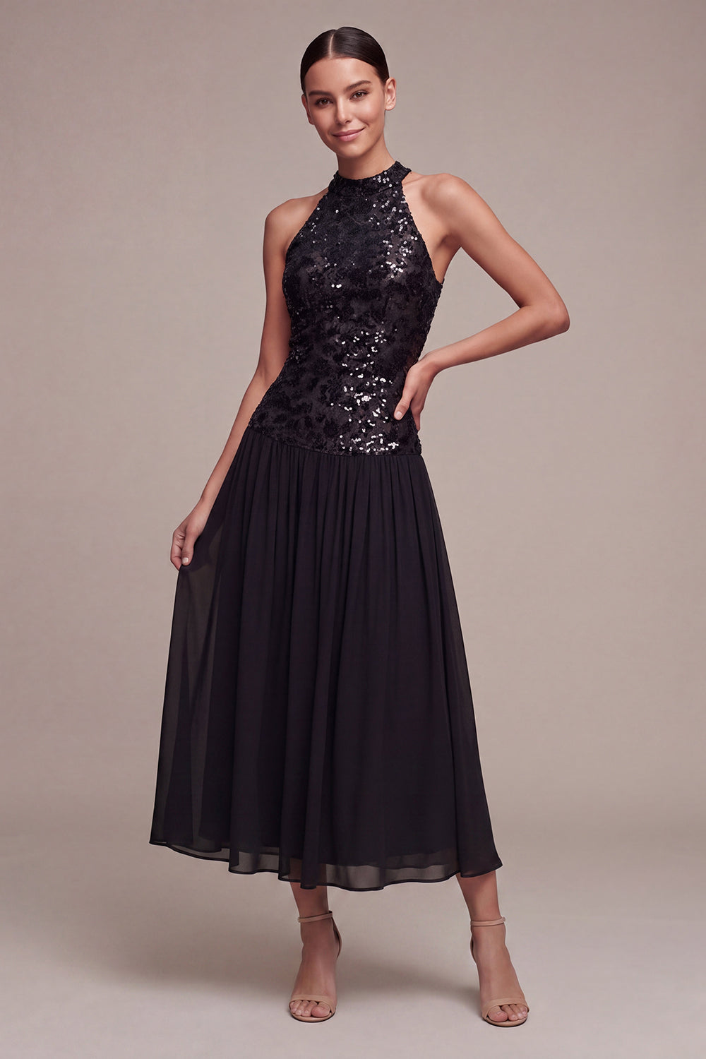 Zapakasa Women Sparkly Long Black Tie Dress with Sequins A Line High Neck  Chiffon Formal Dress