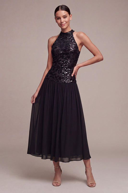 High Neck A Line Sparkly Long Black Tie Dress with Sequins