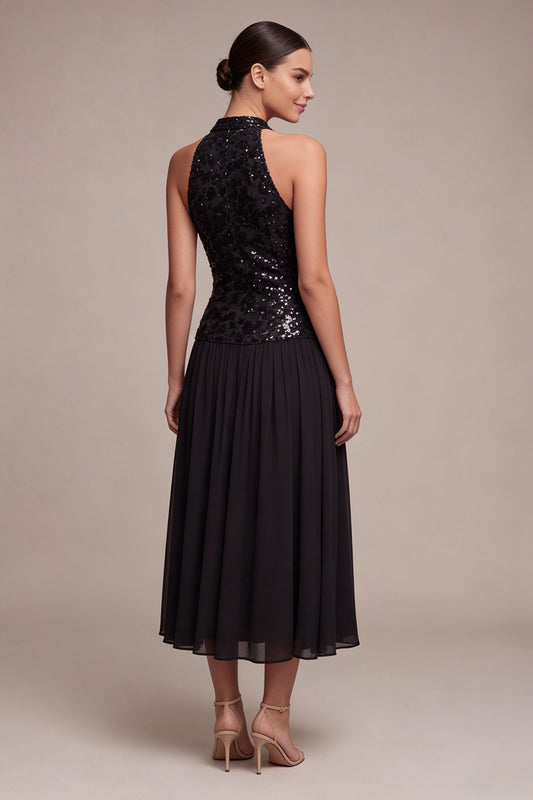 High Neck A Line Sparkly Long Black Tie Dress with Sequins