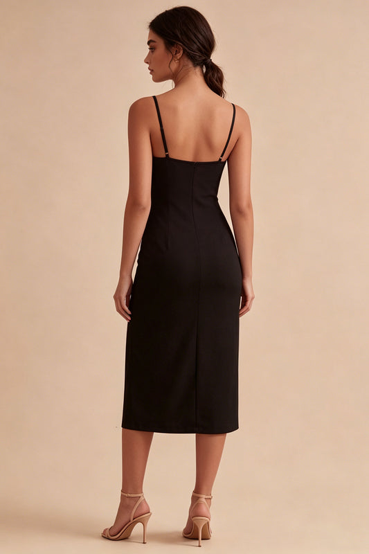 Midi Spaghetti Straps Black Bodycon Cocktail Dress with Slit