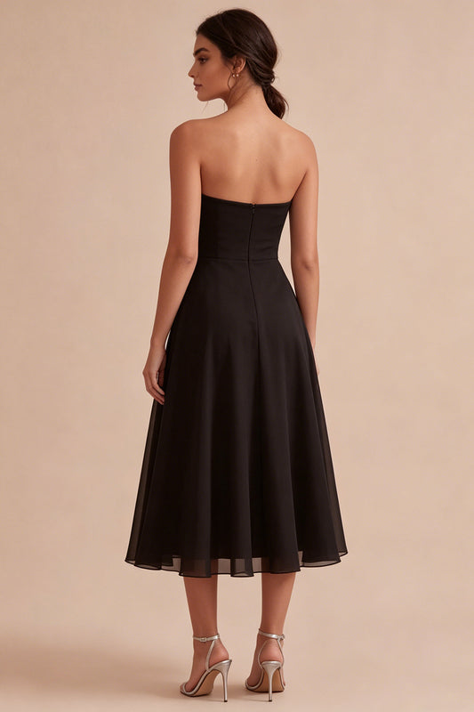 Strapless A Line Long Black Tie Dress