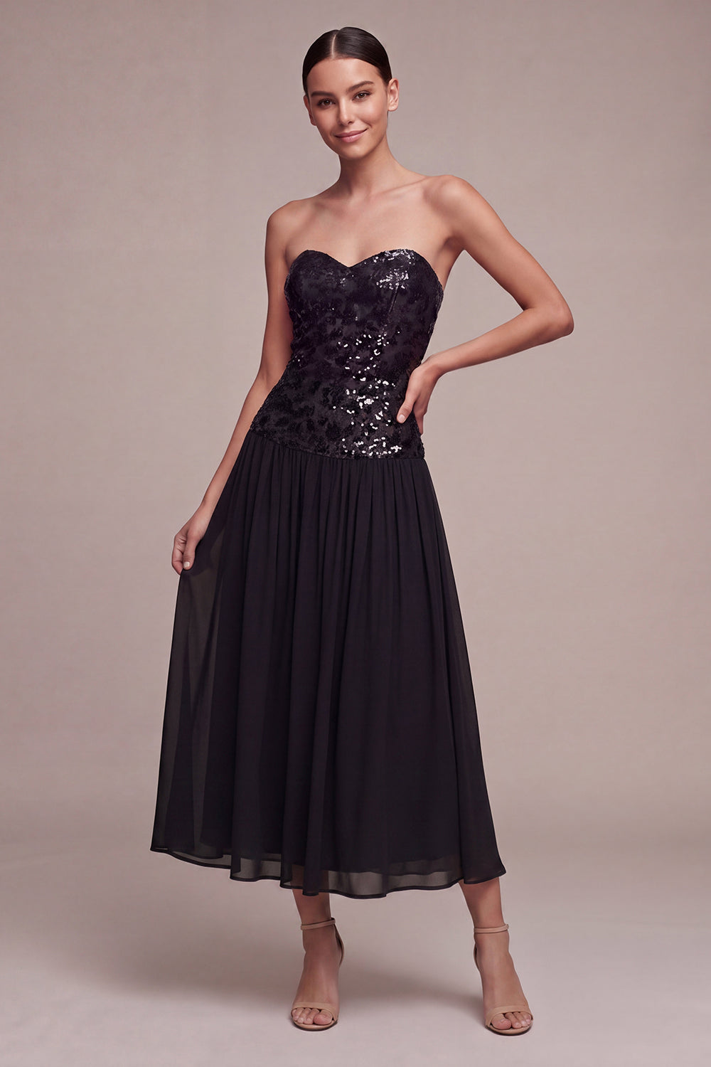 Zapakasa Women Sparkly Long Chiffon Black Tie Dress with Sequins A Line  Strapless Formal Dress
