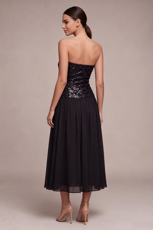 Strapless A Line Sparkly Long Black Tie Dress with Sequins