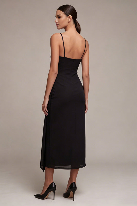 Sheath Ruched Spaghetti Straps Long Black Tie Dress