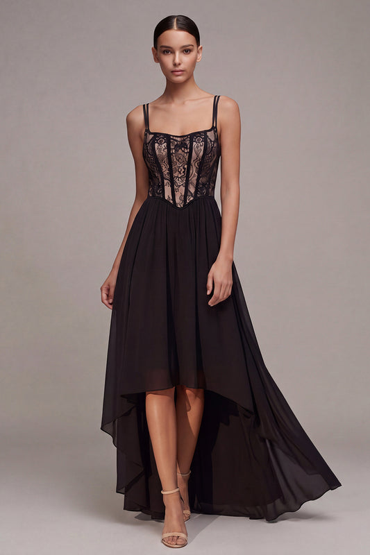 Corset High Low A Line Spaghetti Straps Black Tie Dress