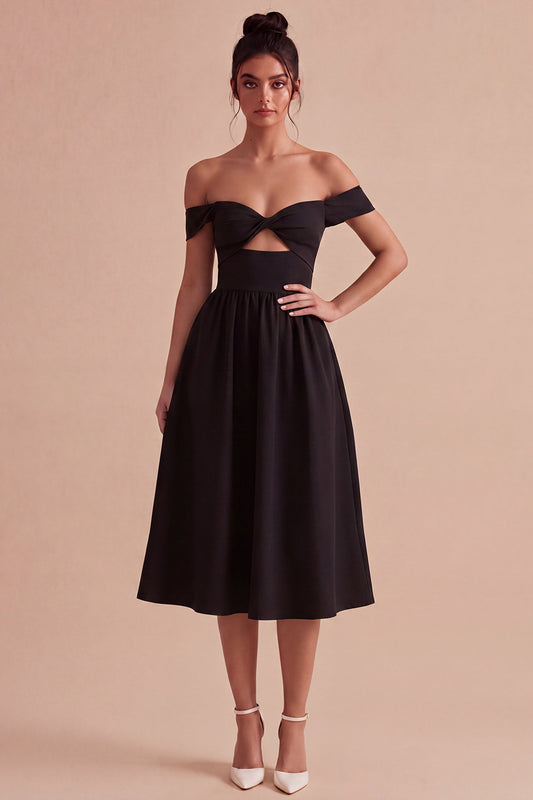 Keyhole Off the Shoulder Midi A Line Little Black Dress