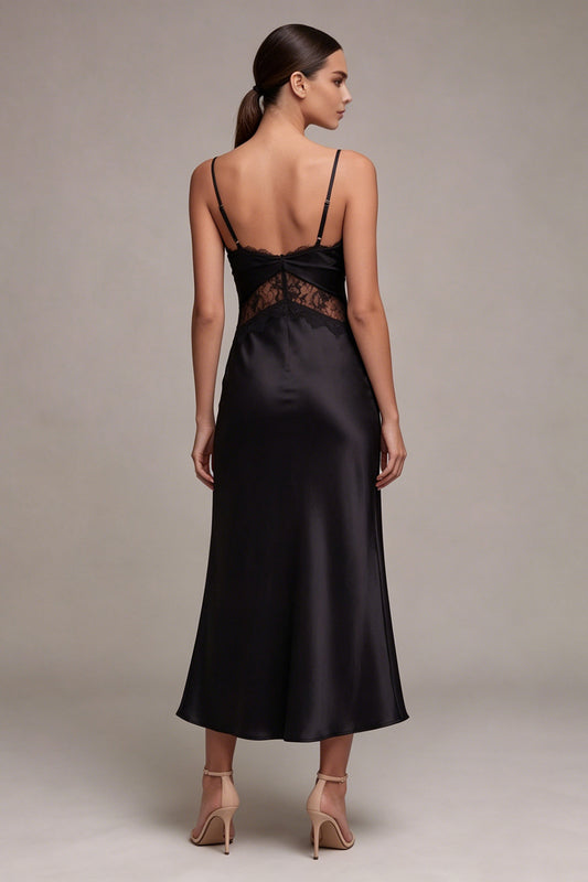 Mermaid Long Spaghetti Straps Black Tie Dress with Lace