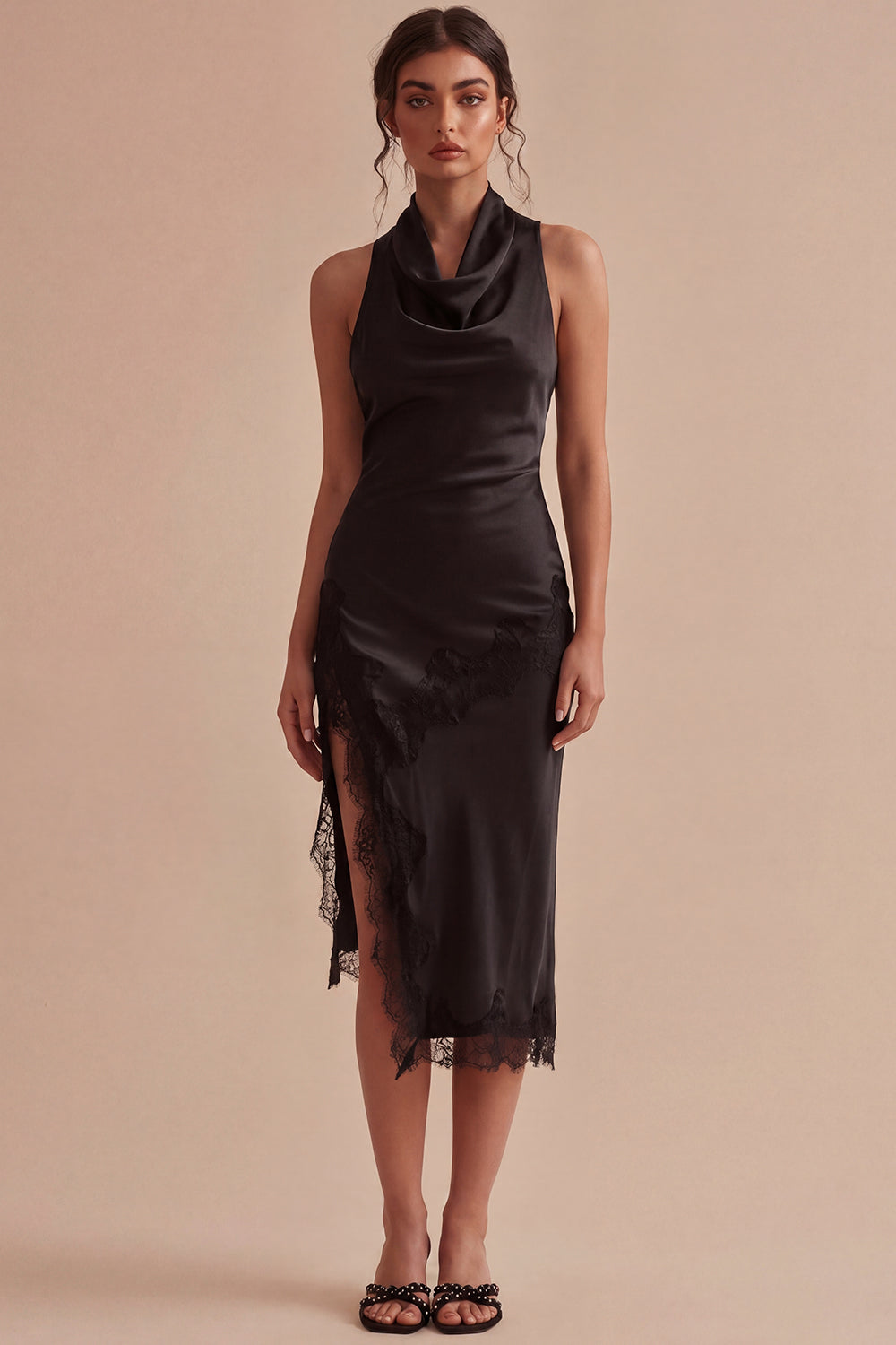 Zapakasa Women Black Midi Satin Cocktail Dress with Slit Mermaid Halter Backless Semi Formal Dress with Lace Zapakasa Women Black Midi Satin Cocktail Dress with Slit Mermaid Halter Backless Semi Formal Dress with Lace