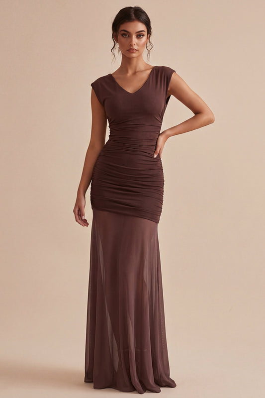 Brown V-Neck Ruched Long Mermaid Formal Dress