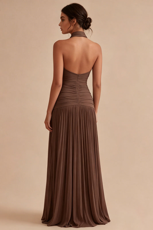 Dark Coffee Halter Ruched Long A Line Backless Formal Dress