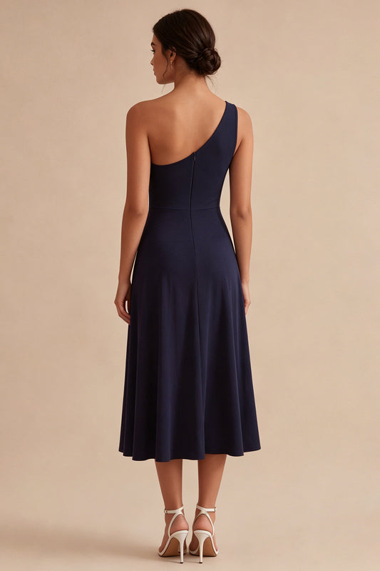 Navy One Shoulder A Line Long Formal Dress