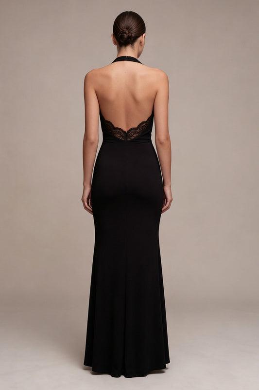 Black Halter Backless Mermaid Long Formal Dress with Lace