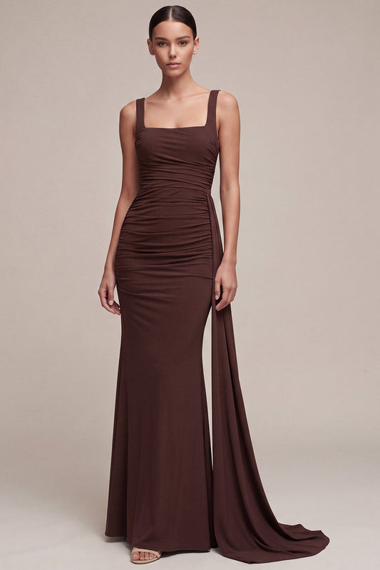 Brown Square Neck Long Mermaid Formal Dress with Side Cape