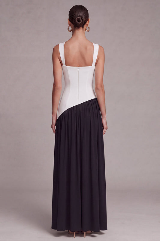 Black and White Square Neck Long Sheath Formal Dress with Slit