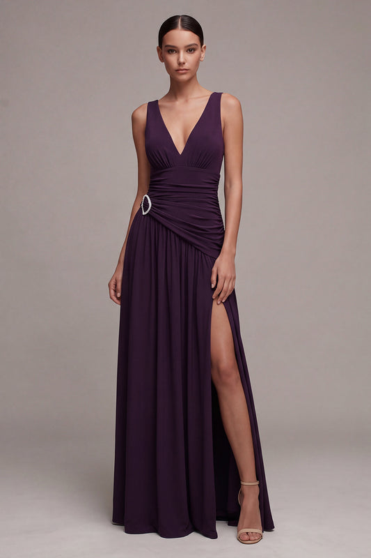 Plum V-Neck Ruched A Line Long Formal Dress with Slit