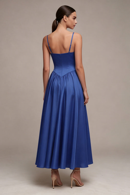 Royal Blue Spaghetti Straps Basque Waist A Line Long Formal Dress