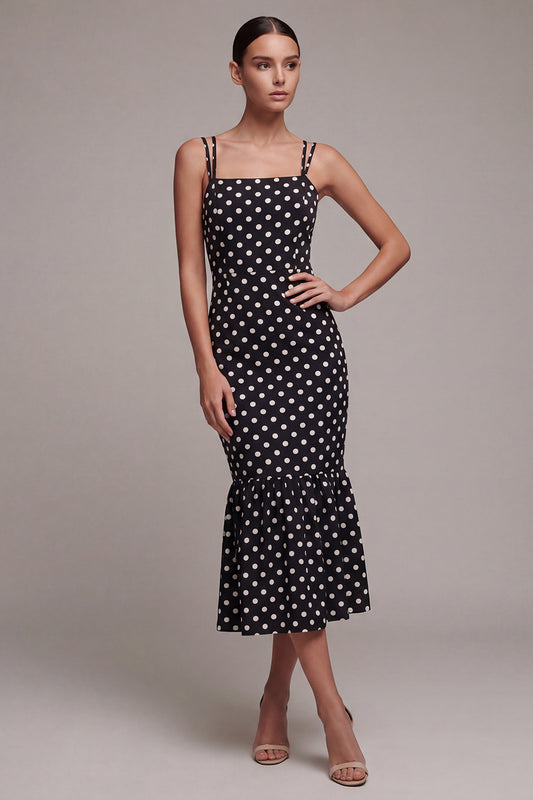 Black and White Mermaid Spaghetti Straps Maxi Polka Dots Dress